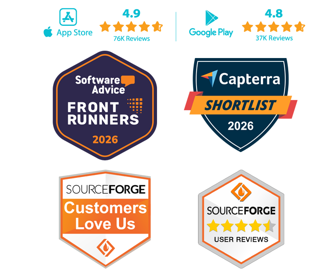 Image showing reviews and awards received by Procare. 4.9 out of 5 on the Apple App Store. 4.8 out of 5 on the Google Play Store. Software Advice Front Runners 2026. Capterra Shortlist 2026.