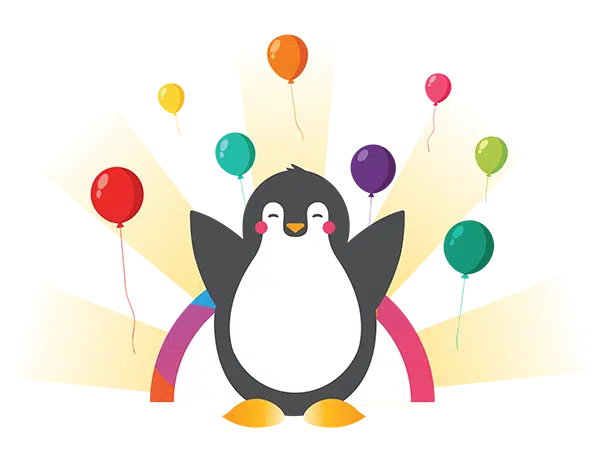 illustration of tucker the penguin with arms raised and balloons in the background